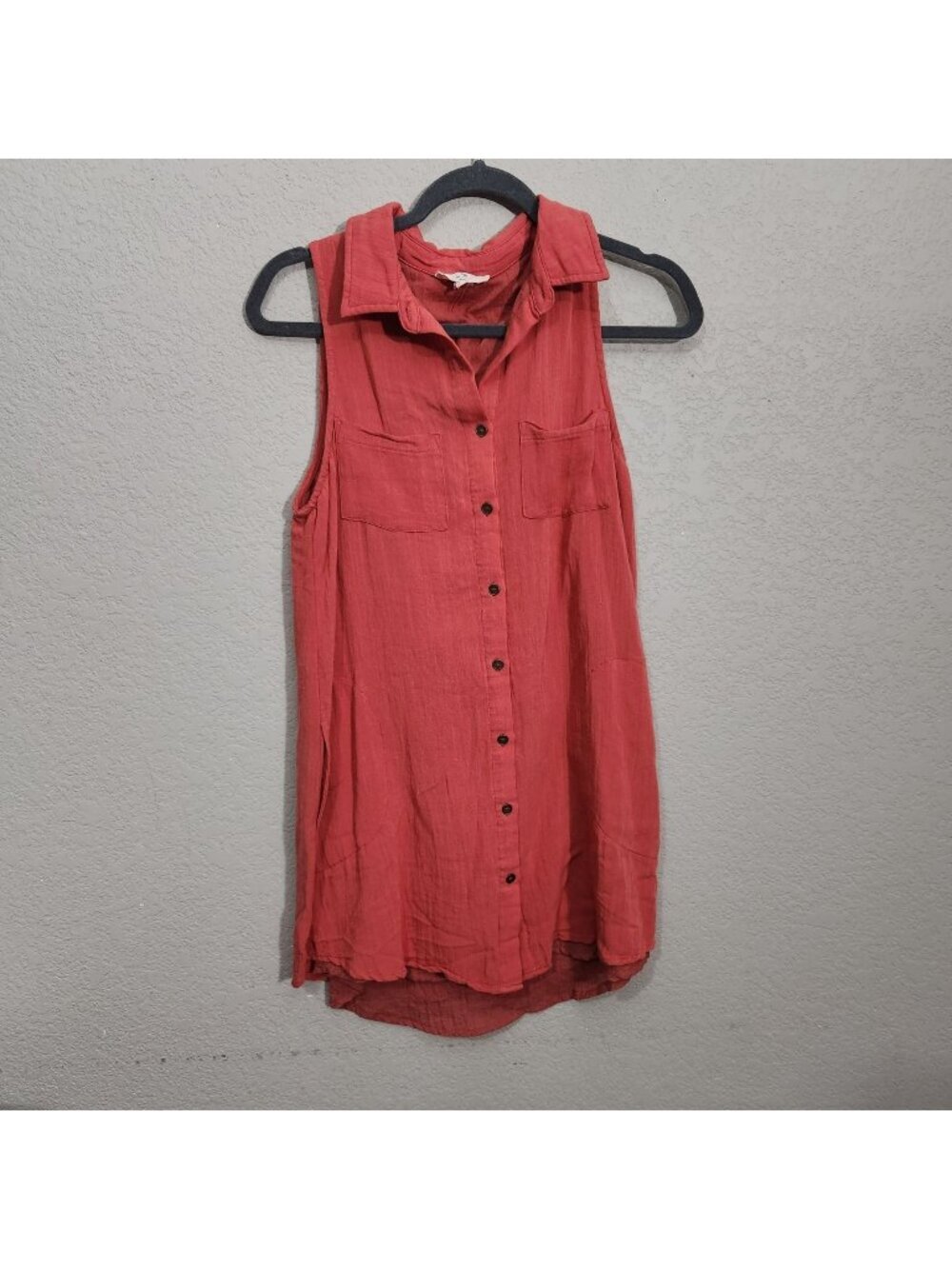 Entro Dress Small Sleeveless Coral Button Down Tunic Pockets Rust Orange